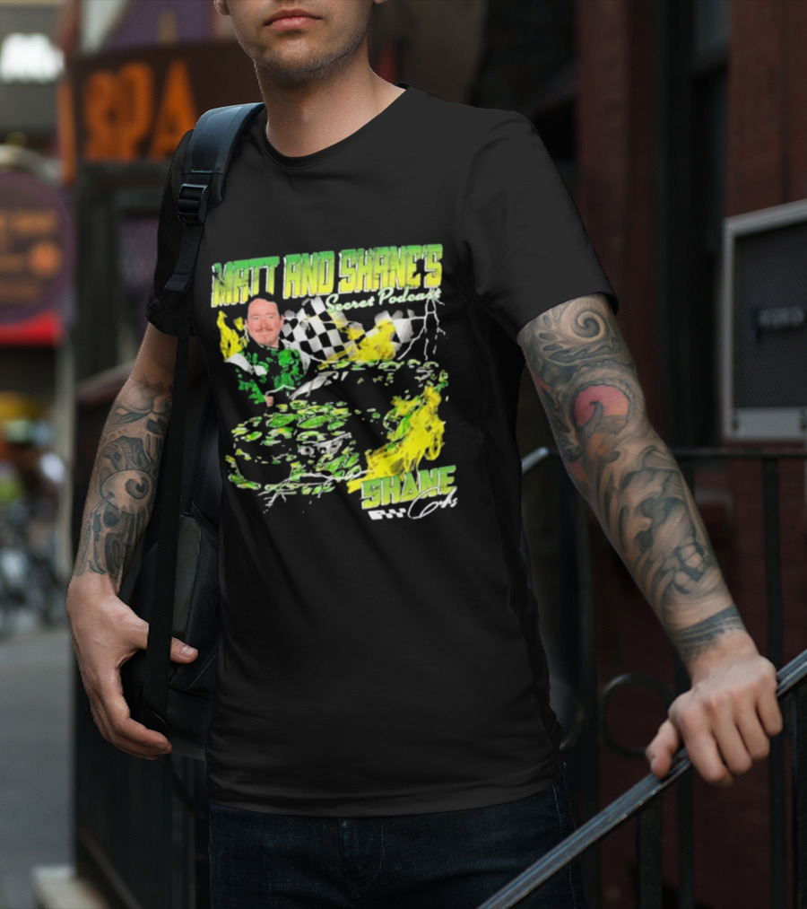 Matt And Shane's Secret Podcast Racing Theme With Flames And Checkered Flag T-Shirt