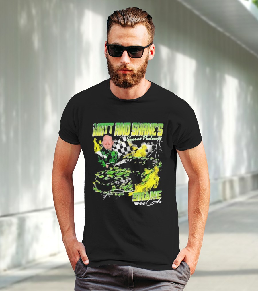 Matt And Shane's Secret Podcast Racing Theme With Flames And Checkered Flag T-Shirt
