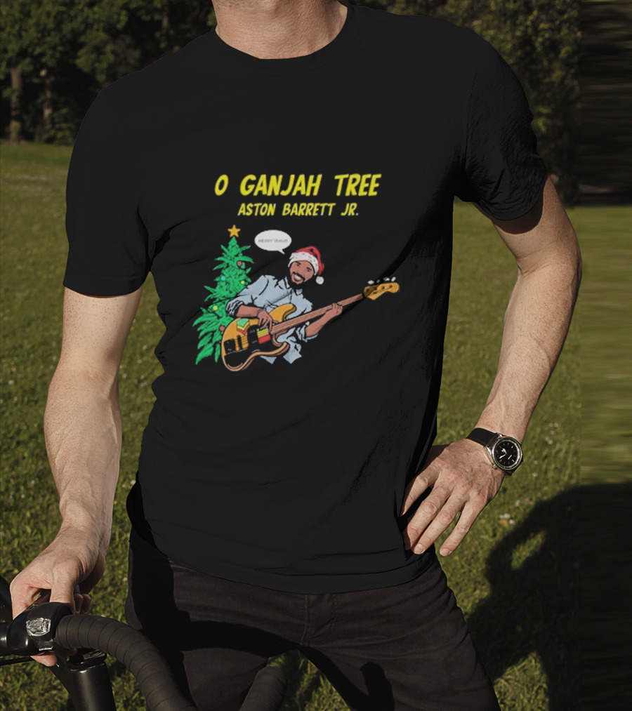 O Ganjah Tree Holiday Christmas Aston Barrett Jr Santa Hat Playing Guitar T-Shirt