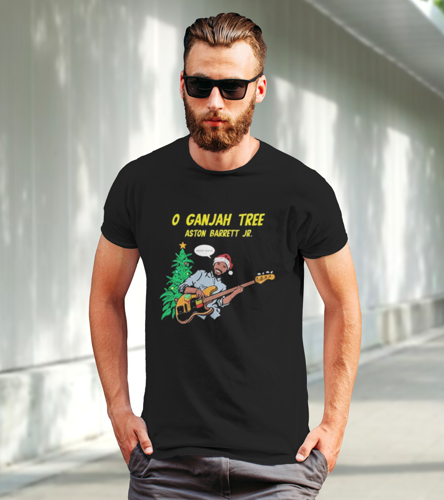 O Ganjah Tree Holiday Christmas Aston Barrett Jr Santa Hat Playing Guitar T-Shirt