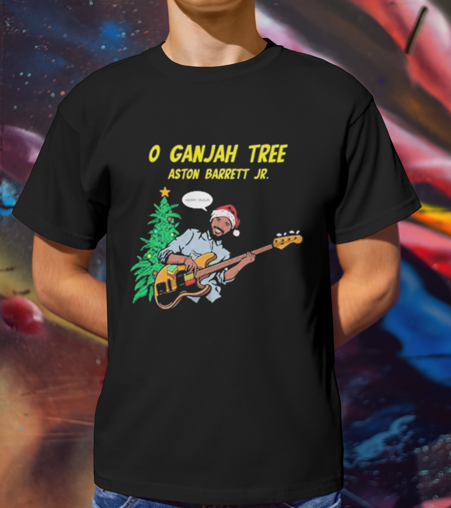 O Ganjah Tree Holiday Christmas Aston Barrett Jr Santa Hat Playing Guitar T-Shirt