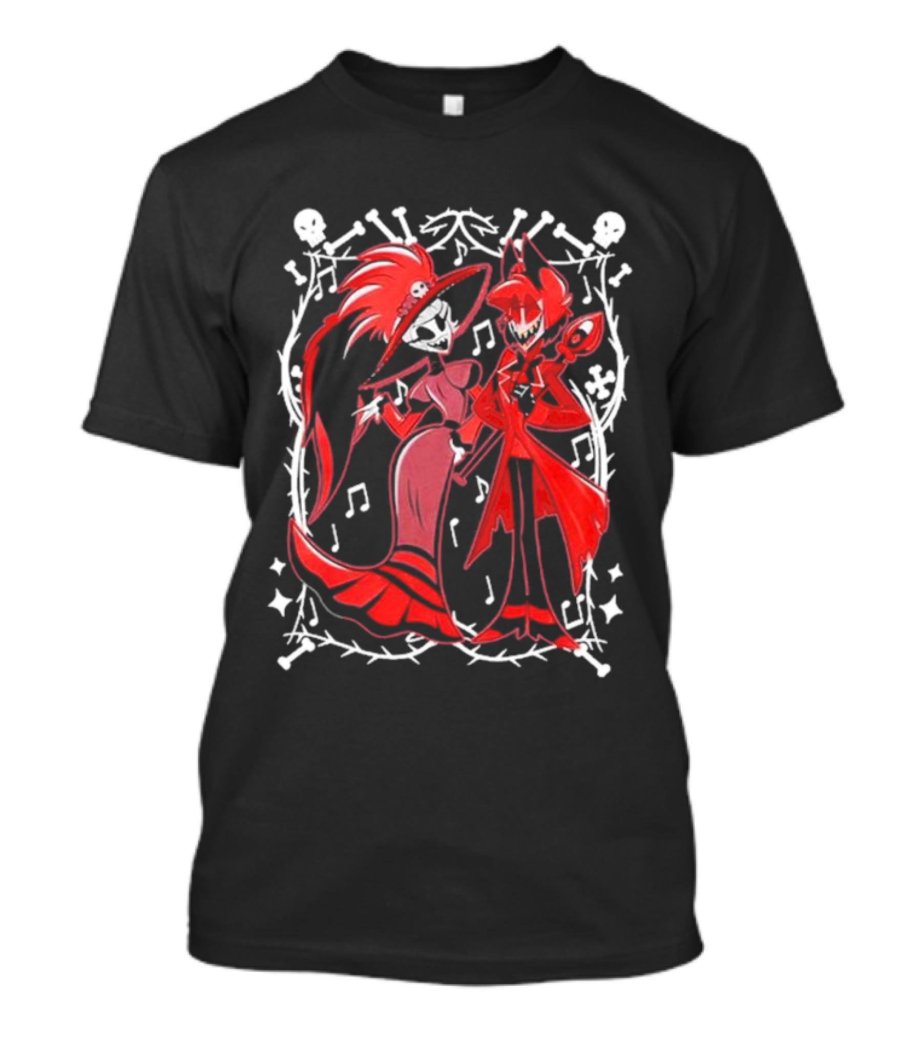 Hazbin Hotel Rosie And Alastor With Musical Notes And Skull Border T-Shirt