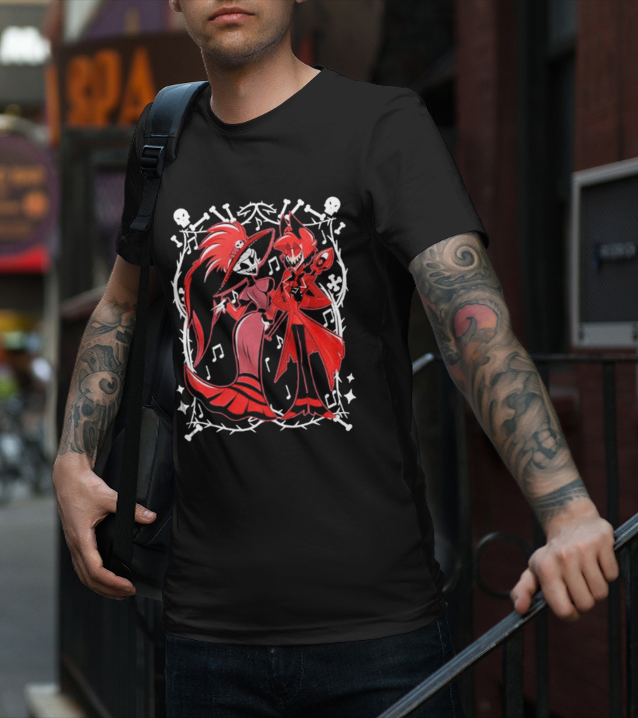 Hazbin Hotel Rosie And Alastor With Musical Notes And Skull Border T-Shirt