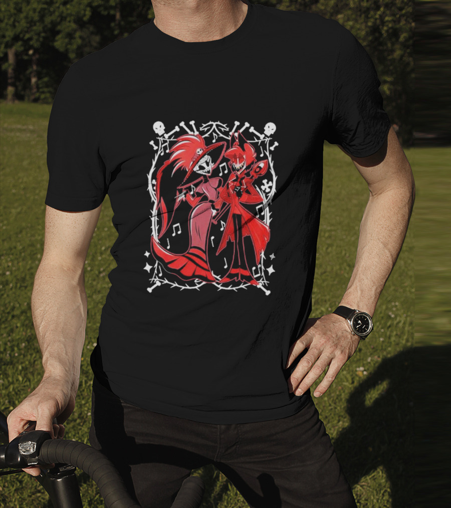 Hazbin Hotel Rosie And Alastor With Musical Notes And Skull Border T-Shirt