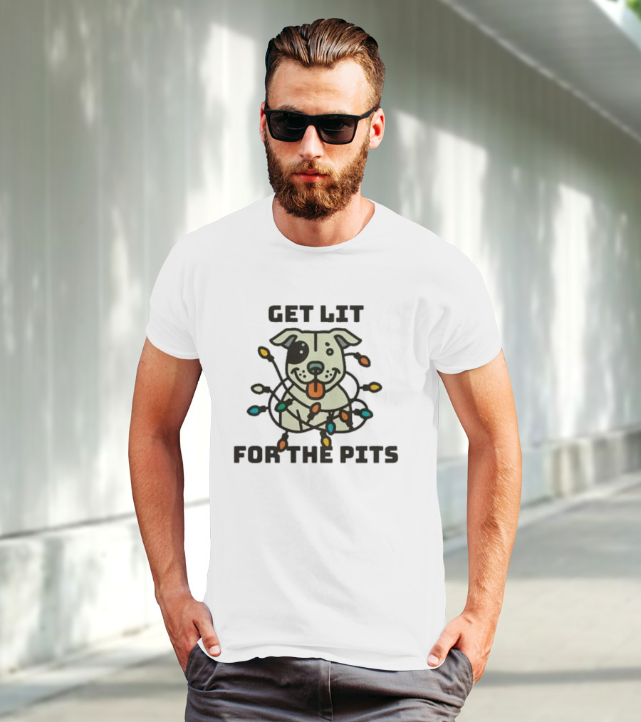 Get Lit For The Pits Holiday Fundraiser With Festive Dog And Colorful Lights T-Shirt