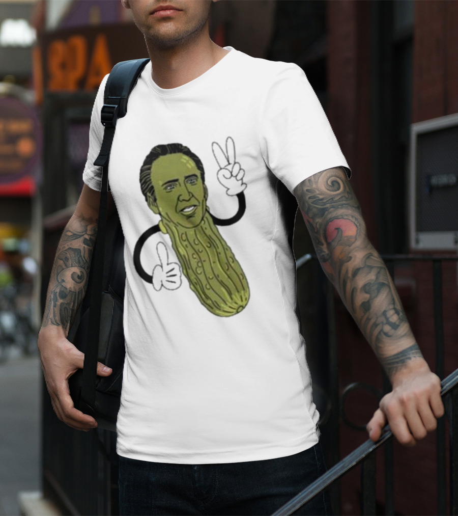 Picolas Cage Nick Cage Pickle Character With Peace Sign Christmas T-Shirt