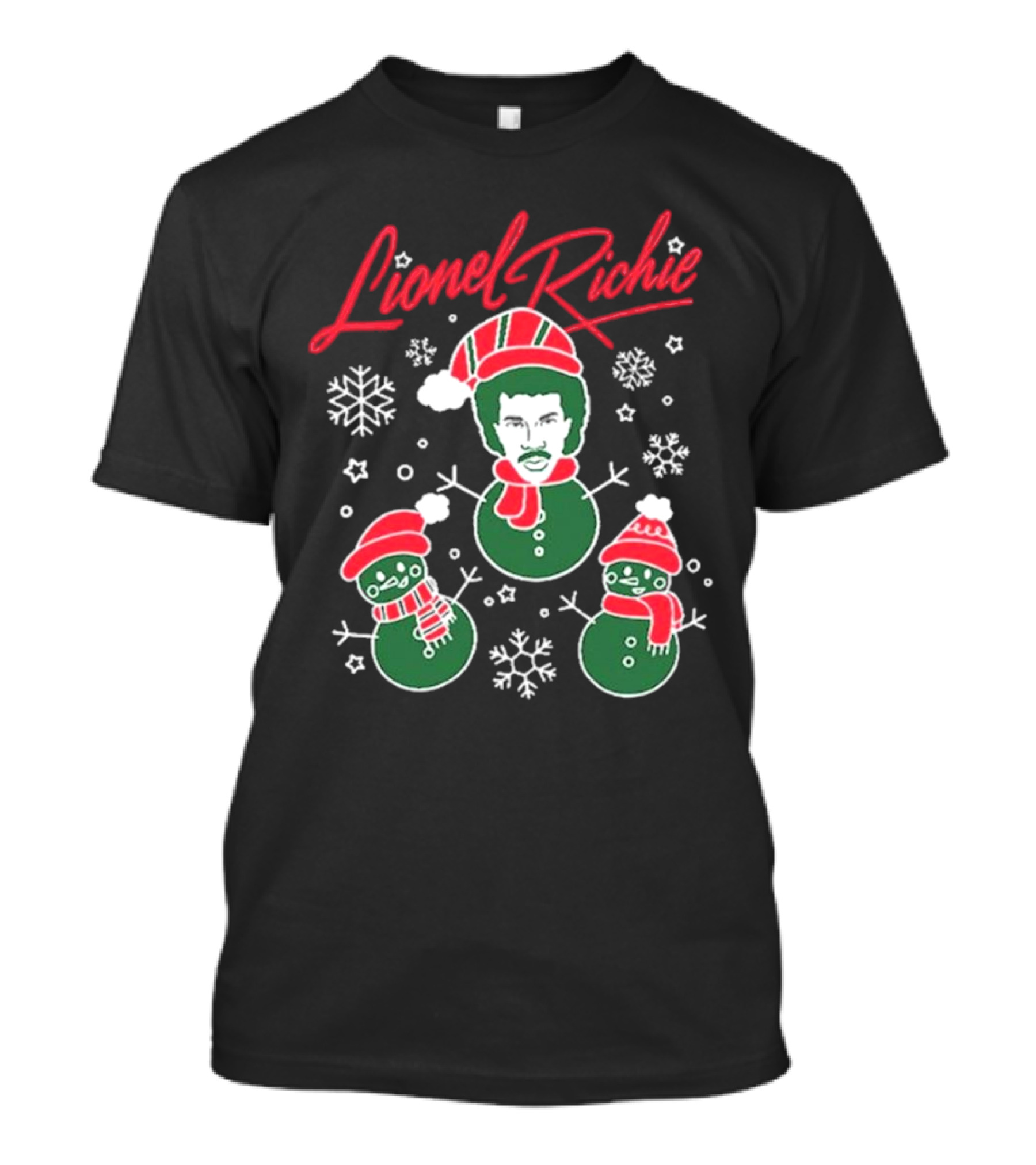 Lionel Richie Festive Snowman Trio With Red And Green Accents T-Shirt