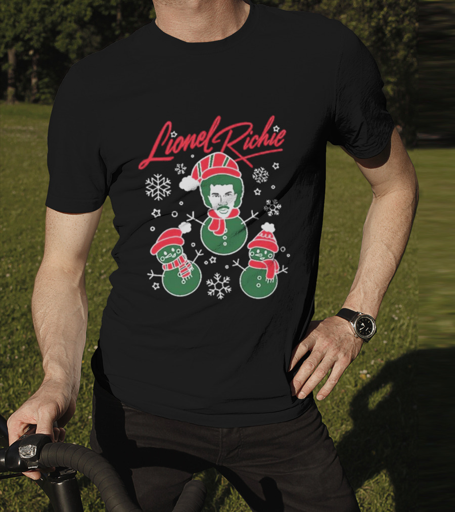 Lionel Richie Festive Snowman Trio With Red And Green Accents T-Shirt