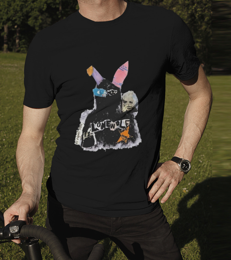 Lonewolf Bunn Psychedelic Collage With Earpiece Text And Star Elements T-Shirt