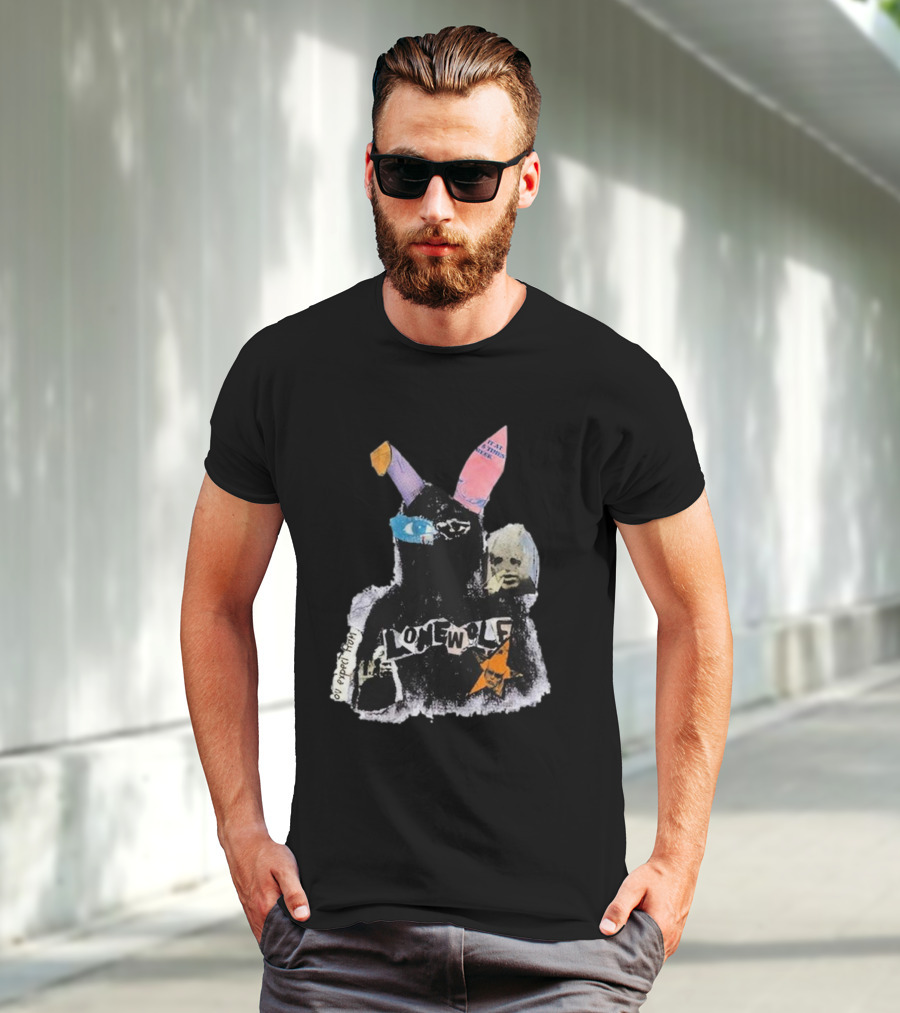 Lonewolf Bunn Psychedelic Collage With Earpiece Text And Star Elements T-Shirt