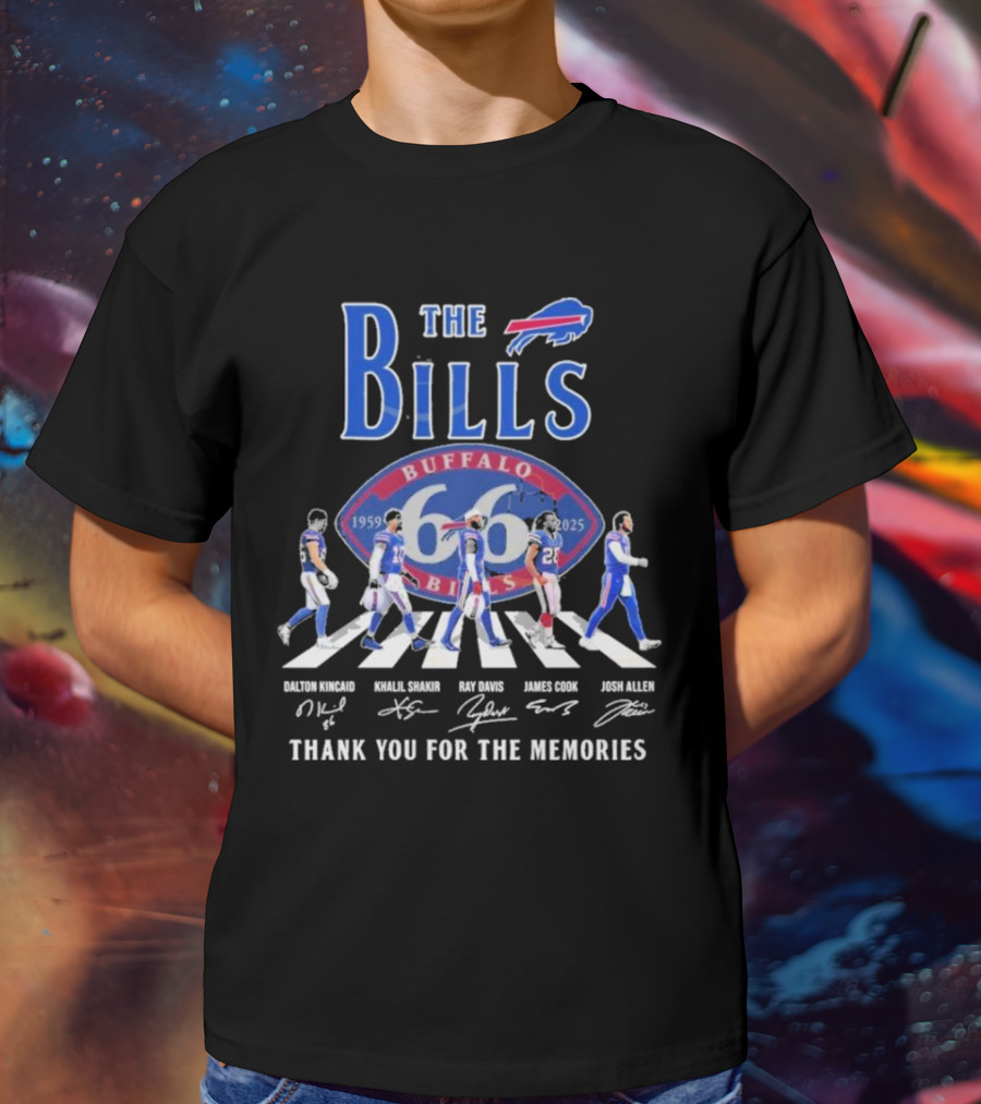 Buffalo Bills 66 Year 1959-2025 Signature Thank You For The Memories Dalton Kincaid Khalil Shakir Ray Davis James Cook Josh Allen T-Shirt