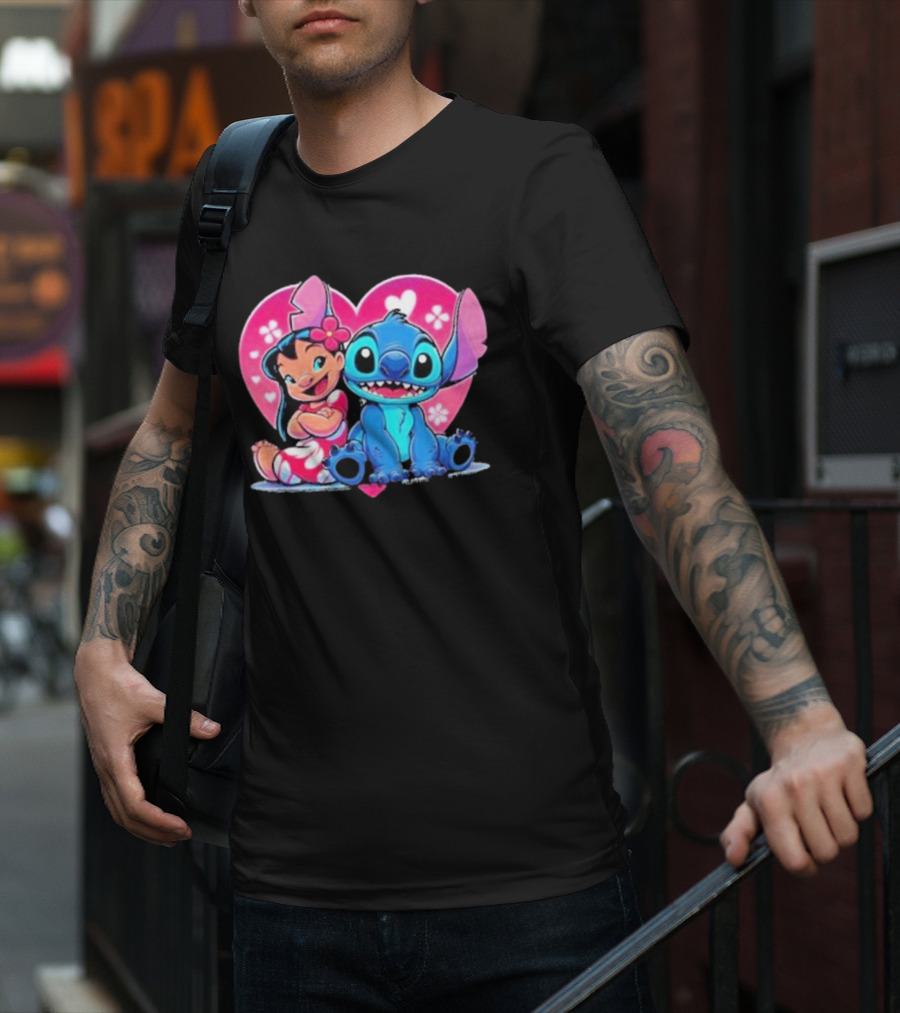 Lilo And Stitch Heart Background Pink Flower Ears Cute Characters T-Shirt