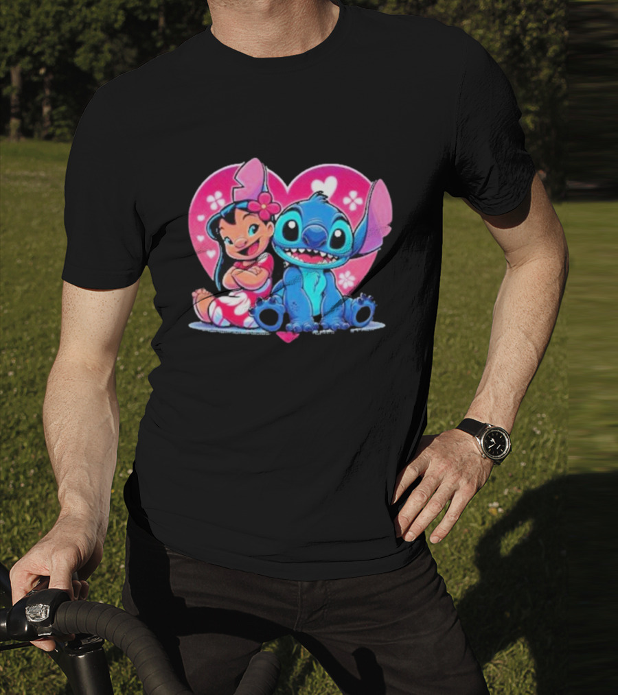 Lilo And Stitch Heart Background Pink Flower Ears Cute Characters T-Shirt
