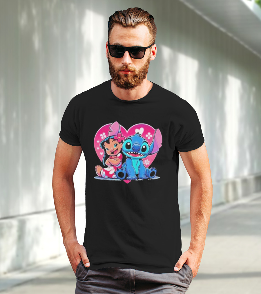 Lilo And Stitch Heart Background Pink Flower Ears Cute Characters T-Shirt