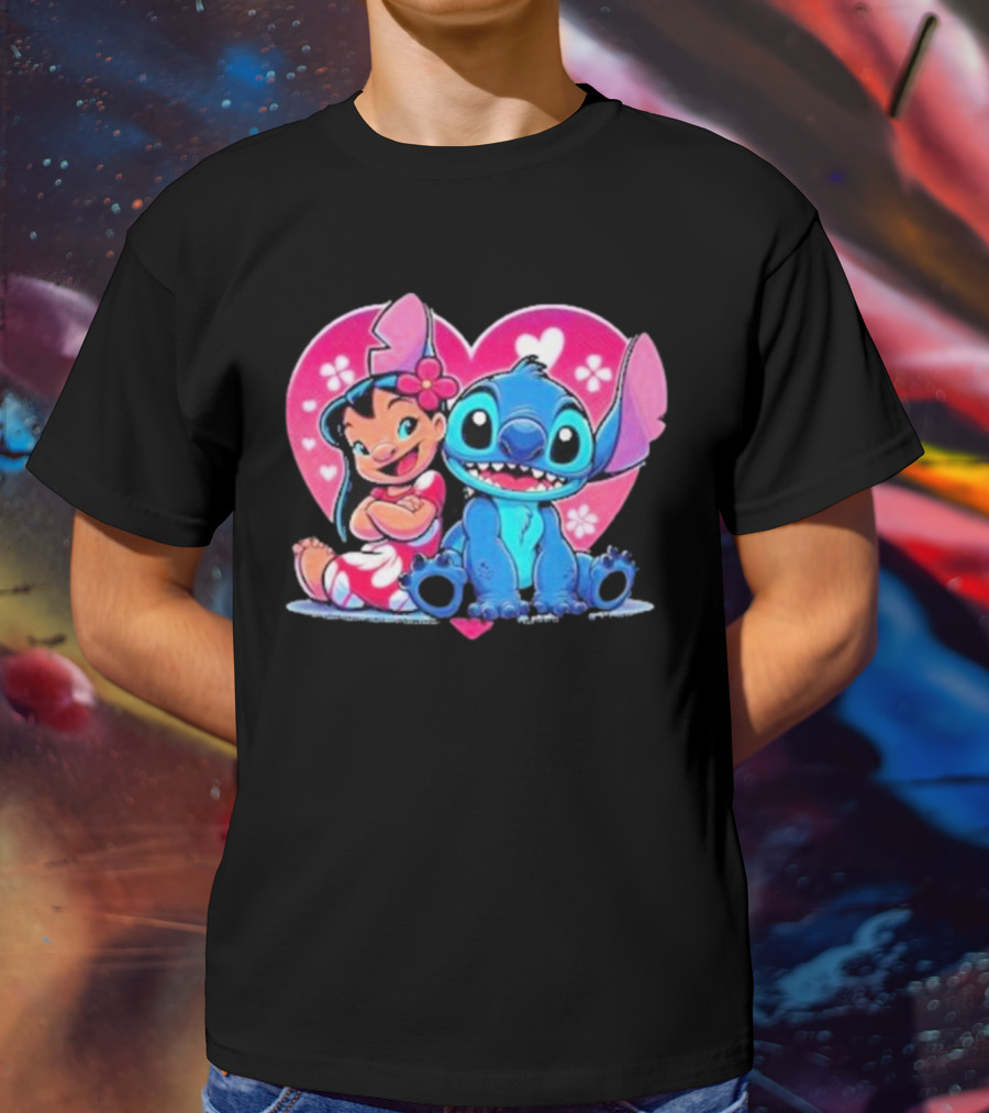 Lilo And Stitch Heart Background Pink Flower Ears Cute Characters T-Shirt