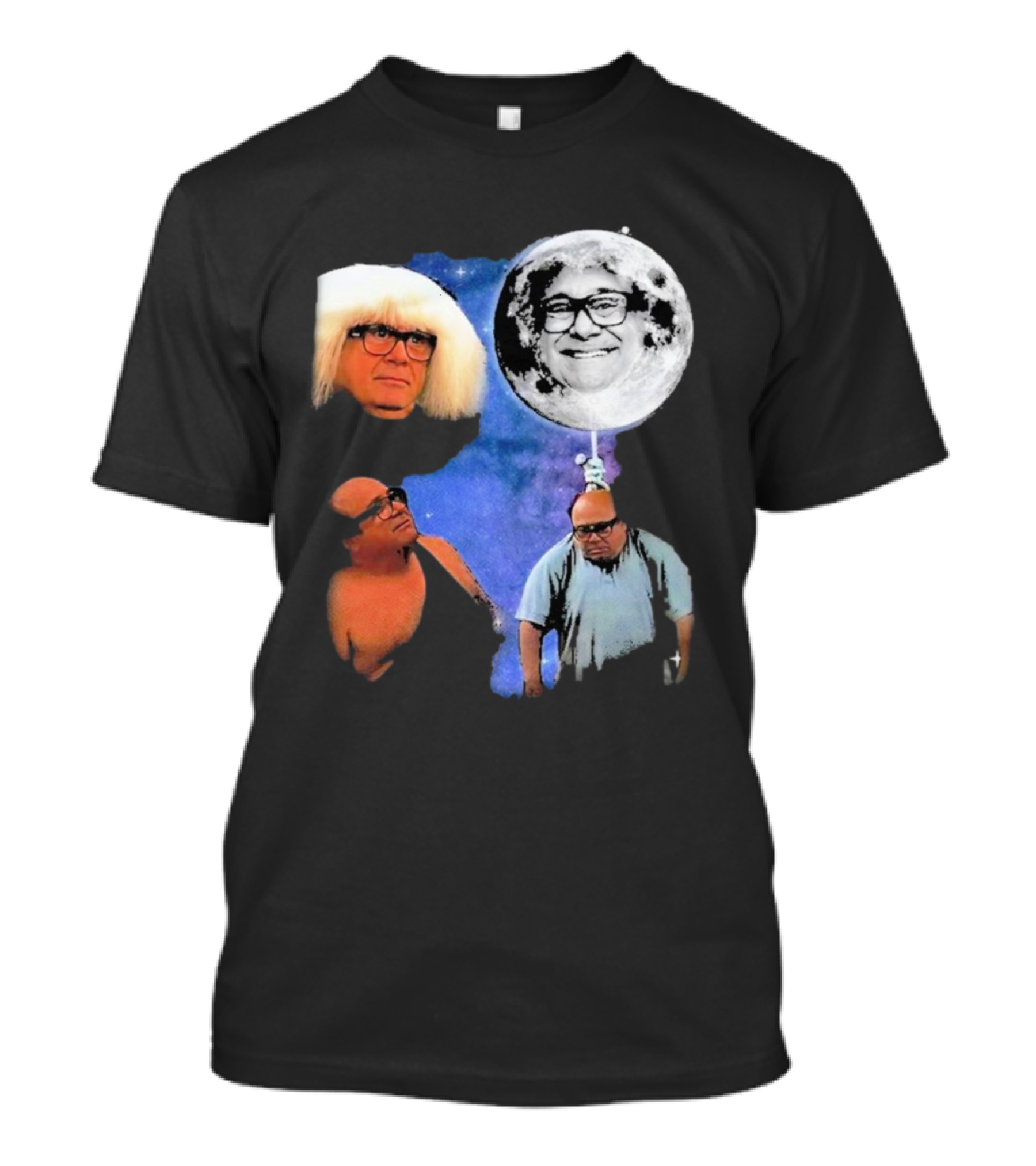 Three Wolf Moon Danny DeVito Mashup With Cosmic Moon Faces T-Shirt