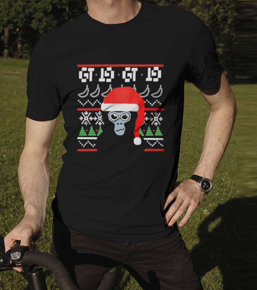 GT IS GT IS Festive Monke Claus Santa Hat Christmas Trees Snowflakes T-Shirt
