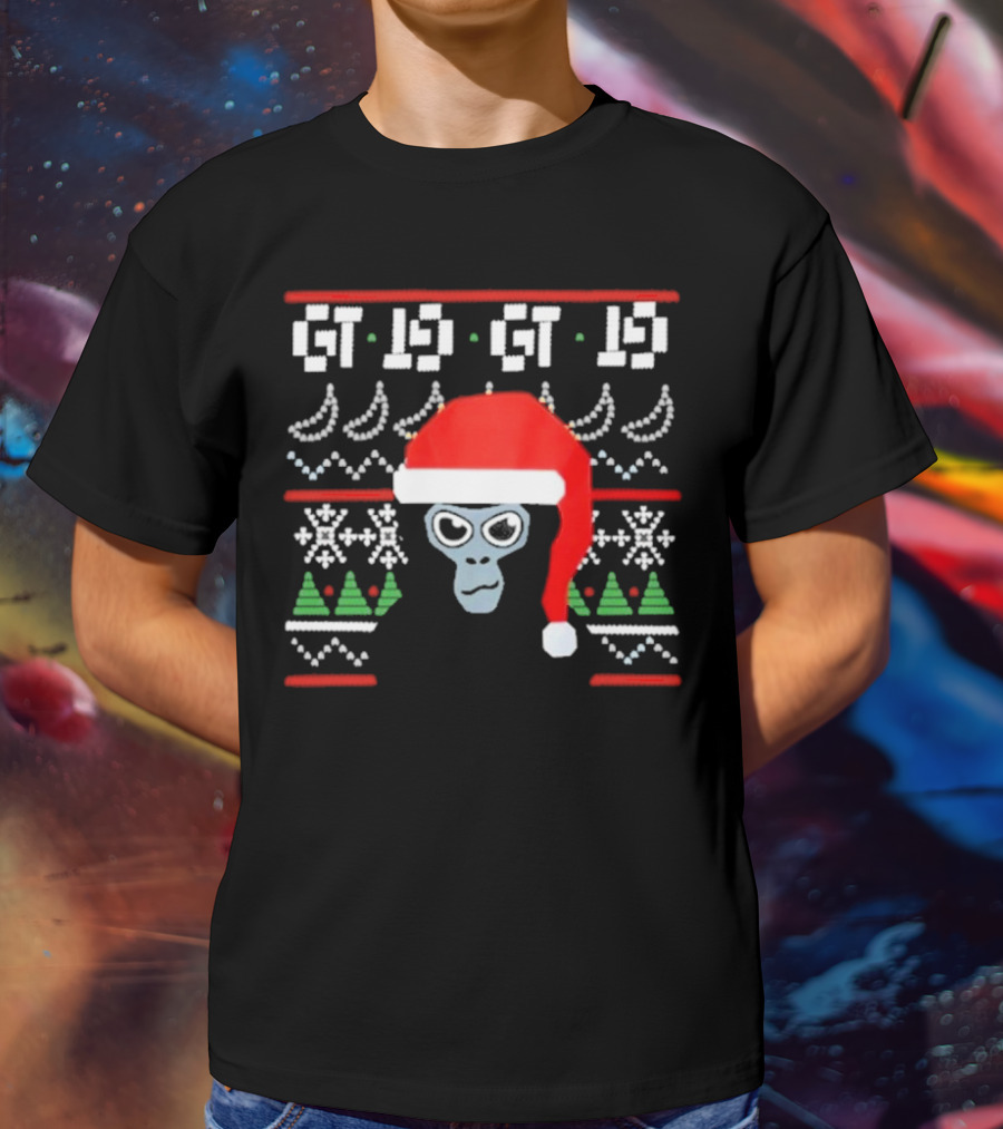 GT IS GT IS Festive Monke Claus Santa Hat Christmas Trees Snowflakes T-Shirt