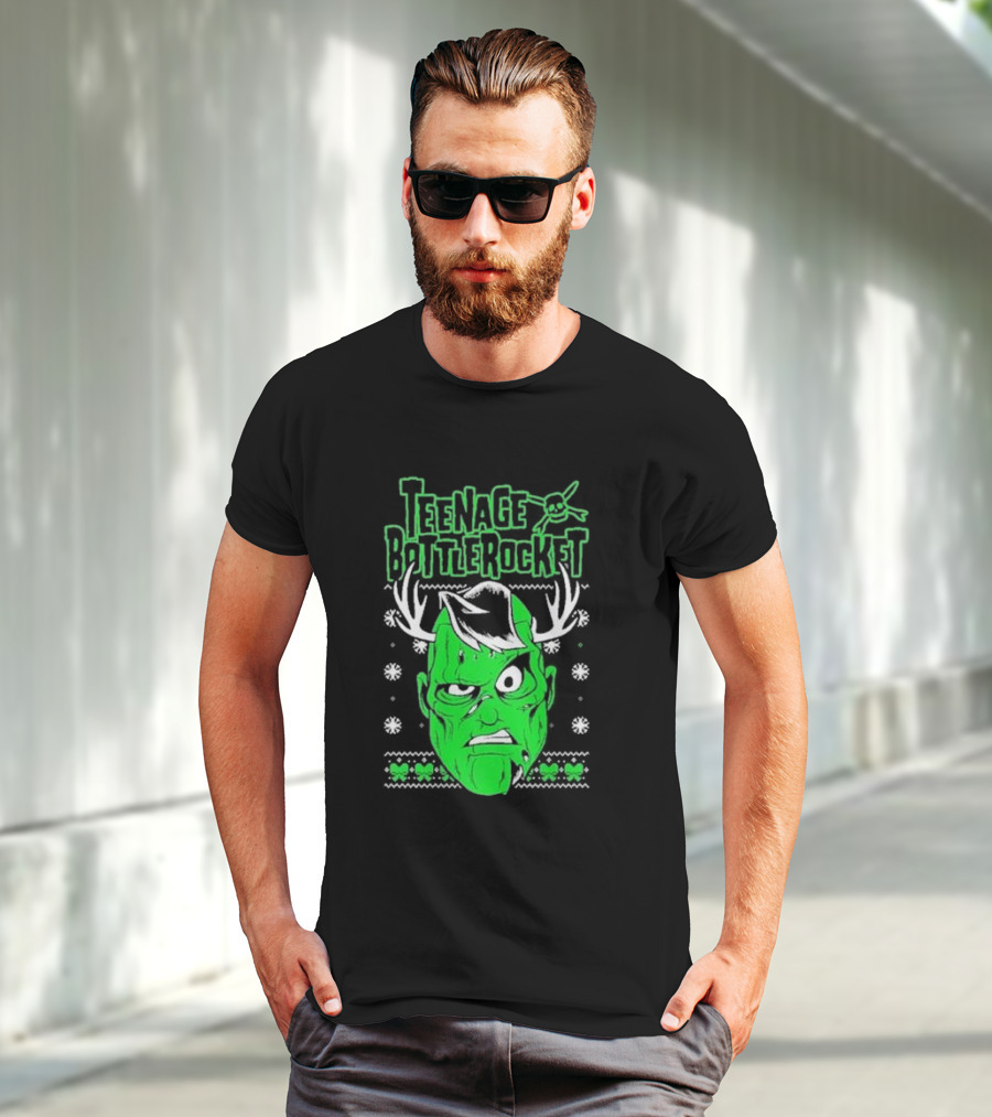 Teenage Bottlerocket Green Grumpy Face With Antlers Snowflakes Skulls Christmas T-Shirt