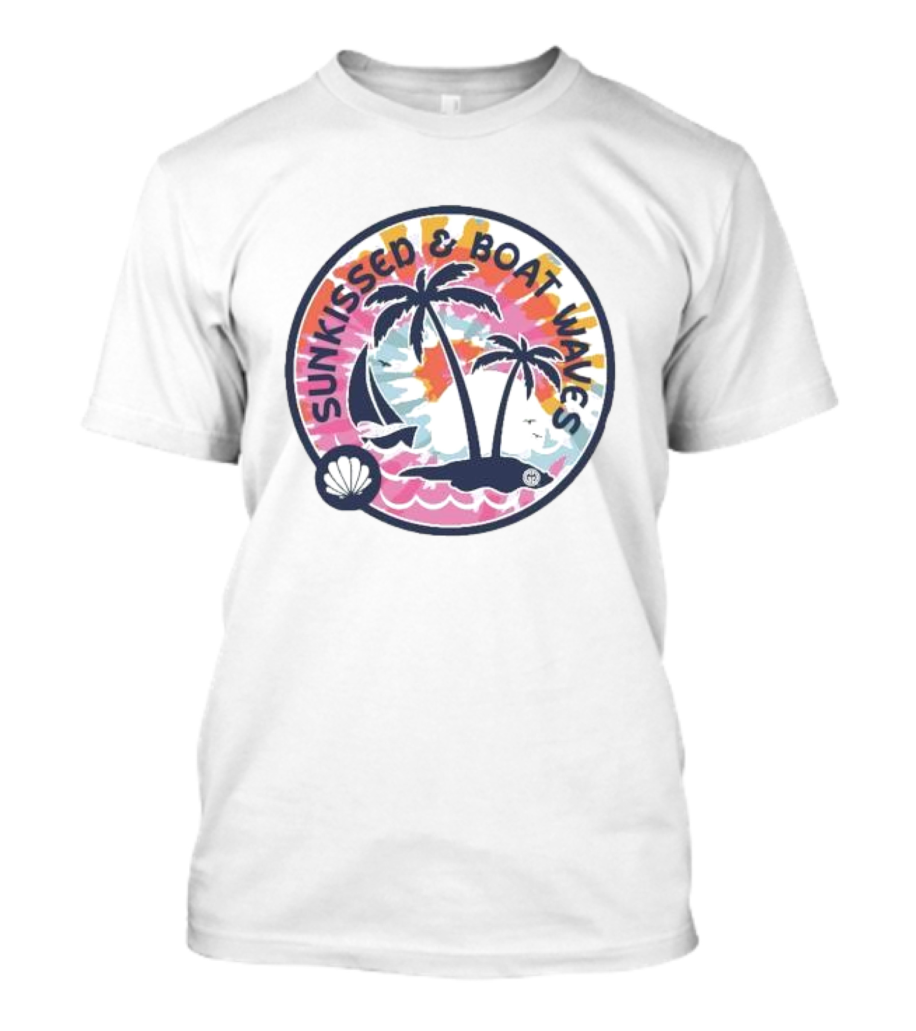 Sunkissed And Boat Waves Palm Trees Shell Sailboat Colorful Circle Emblem T-Shirt