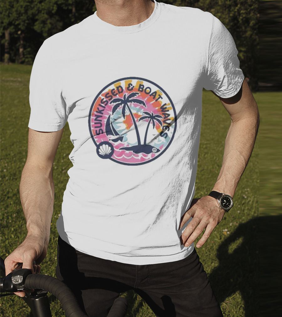 Sunkissed And Boat Waves Palm Trees Shell Sailboat Colorful Circle Emblem T-Shirt
