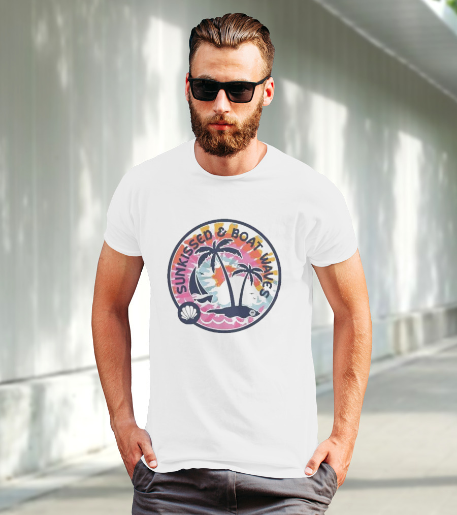 Sunkissed And Boat Waves Palm Trees Shell Sailboat Colorful Circle Emblem T-Shirt