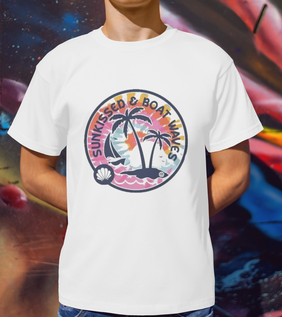 Sunkissed And Boat Waves Palm Trees Shell Sailboat Colorful Circle Emblem T-Shirt