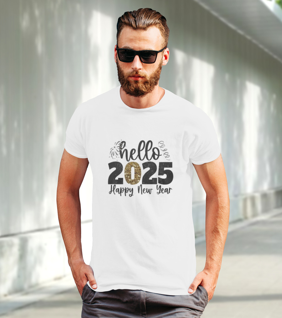 Hello 2025 Happy New Year Fireworks And Streamers T-Shirt