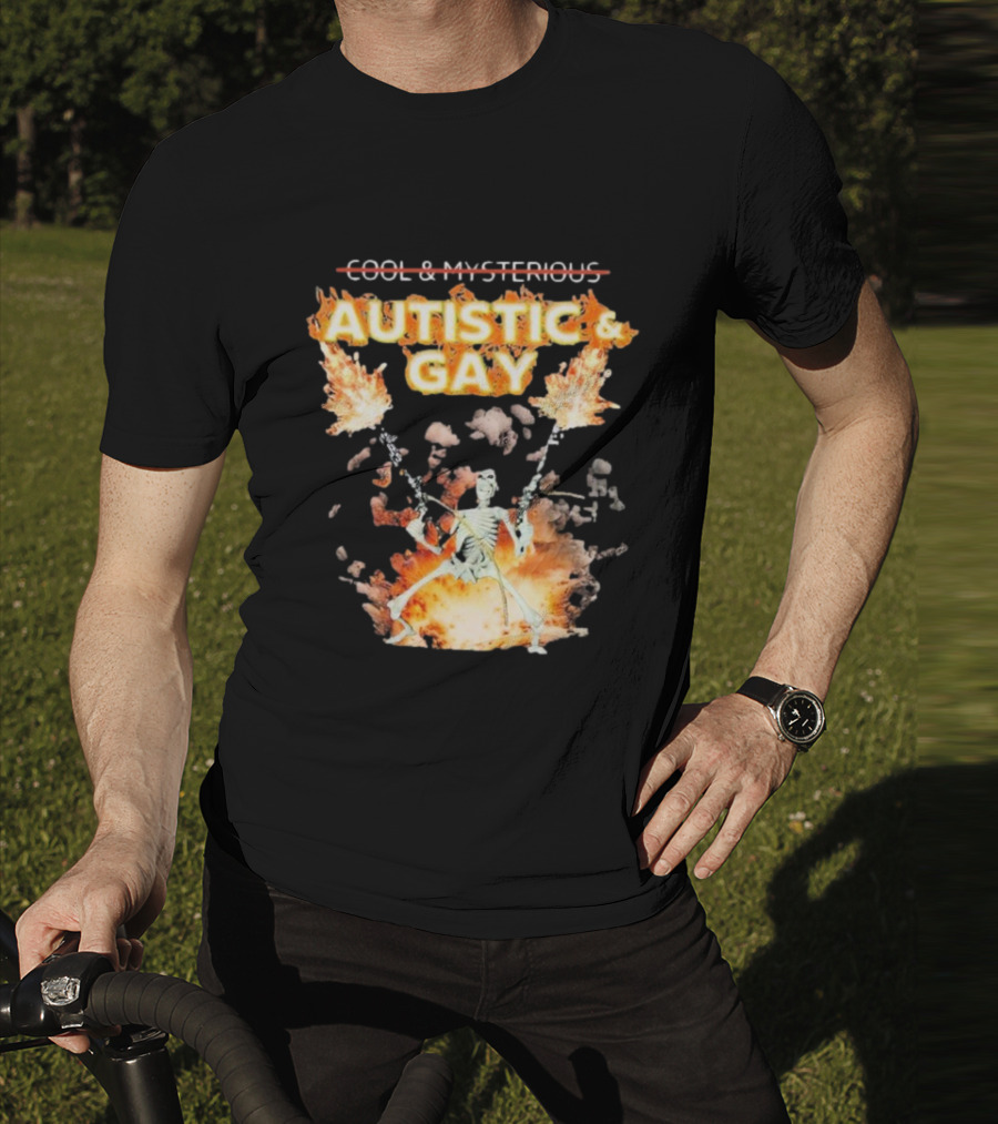 Autistic And Gay Skeleton With Explosive Background T-Shirt