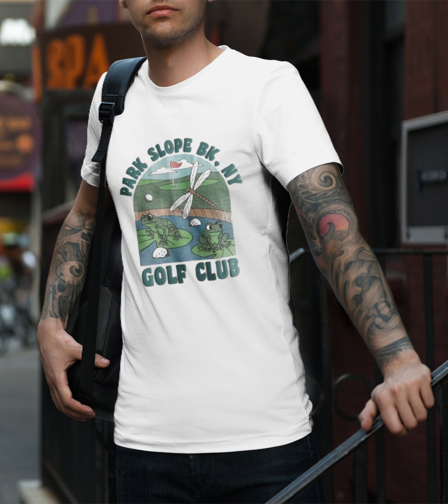 Park Slope BK NY Golf Club Frog And Dragonfly On Golf Course Lily Pads In Pond T-Shirt
