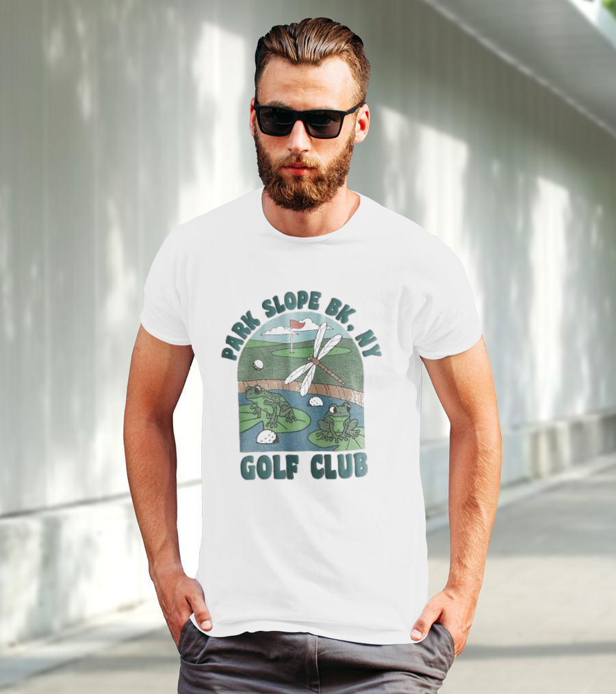 Park Slope BK NY Golf Club Frog And Dragonfly On Golf Course Lily Pads In Pond T-Shirt