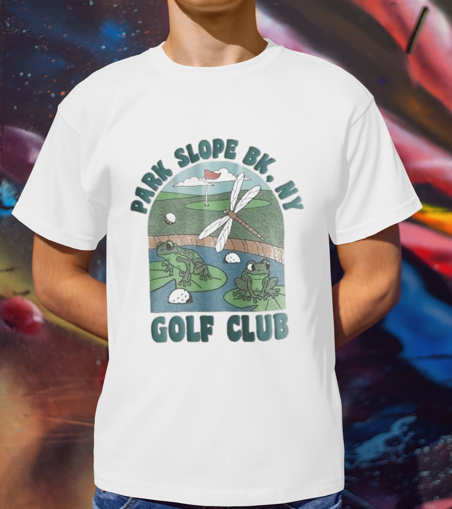 Park Slope BK NY Golf Club Frog And Dragonfly On Golf Course Lily Pads In Pond T-Shirt
