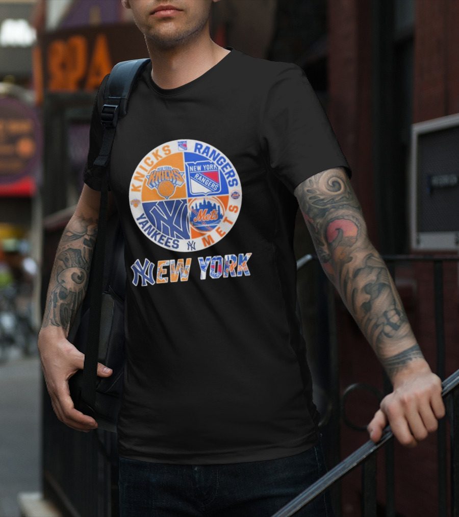 Knicks Rangers Yankees Mets New York Circle Logo Collaboration T-Shirt