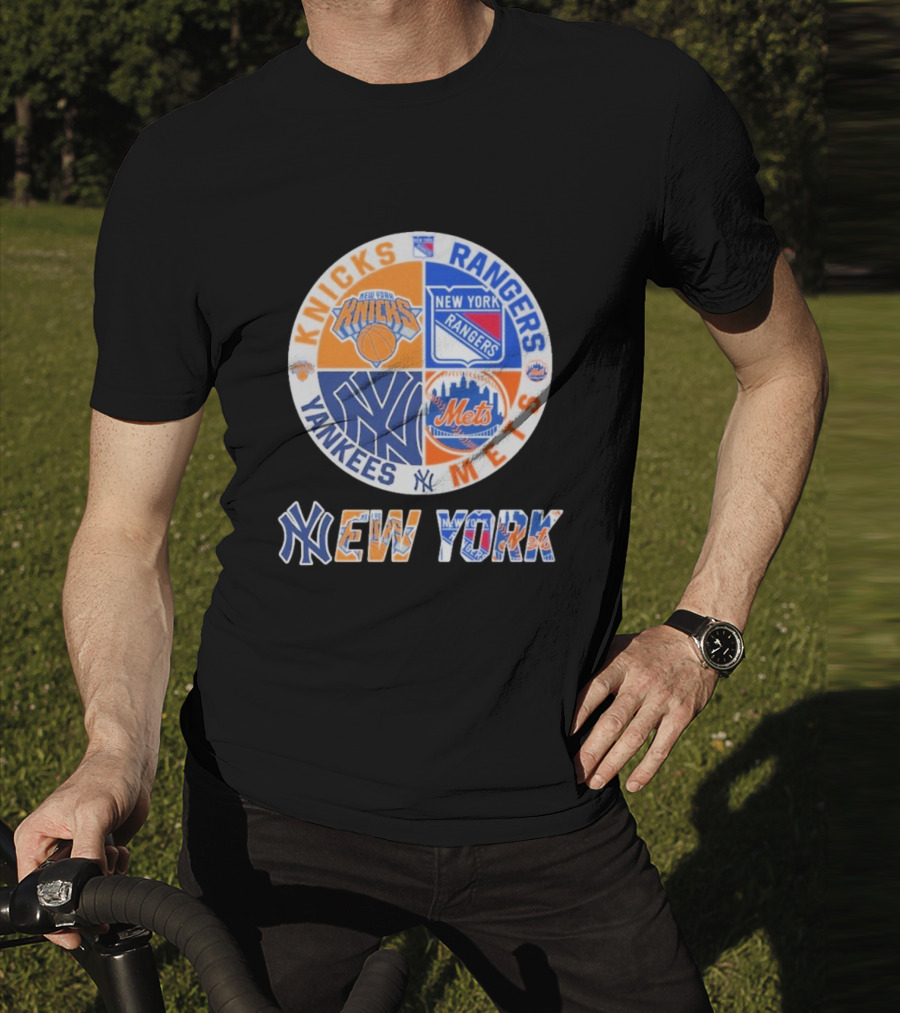 Knicks Rangers Yankees Mets New York Circle Logo Collaboration T-Shirt