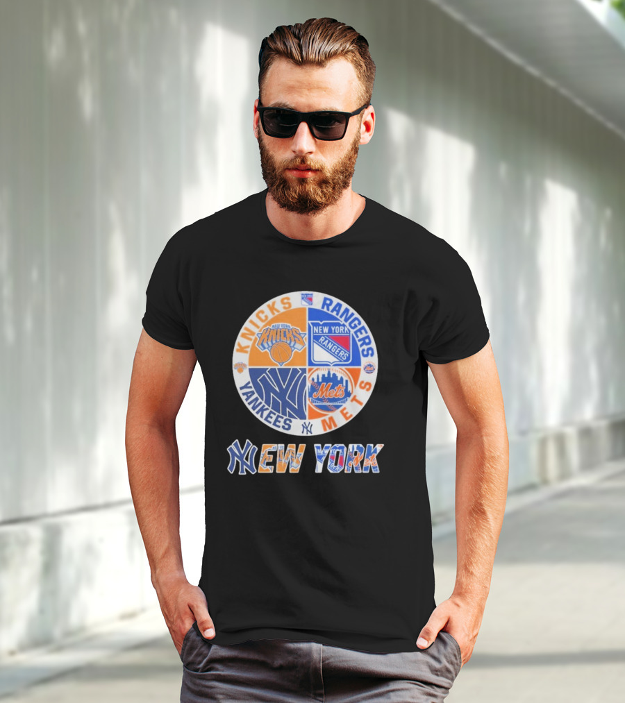Knicks Rangers Yankees Mets New York Circle Logo Collaboration T-Shirt