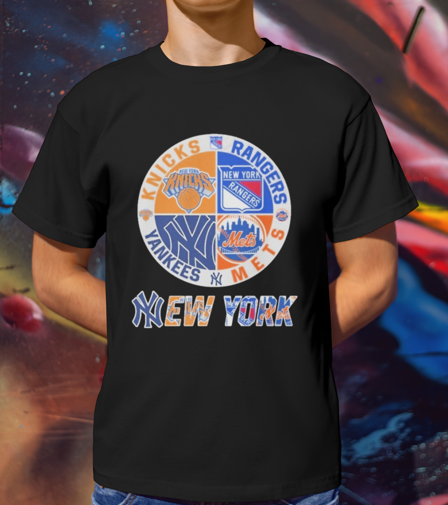 Knicks Rangers Yankees Mets New York Circle Logo Collaboration T-Shirt