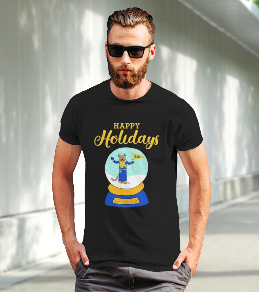 University Of Pittsburgh Pitt Roc Snow Globe Happy Holidays T-Shirt