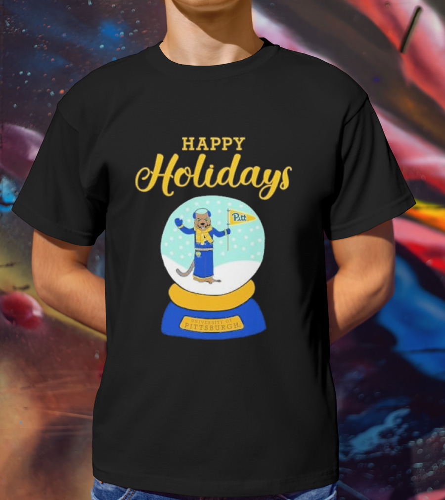 University Of Pittsburgh Pitt Roc Snow Globe Happy Holidays T-Shirt