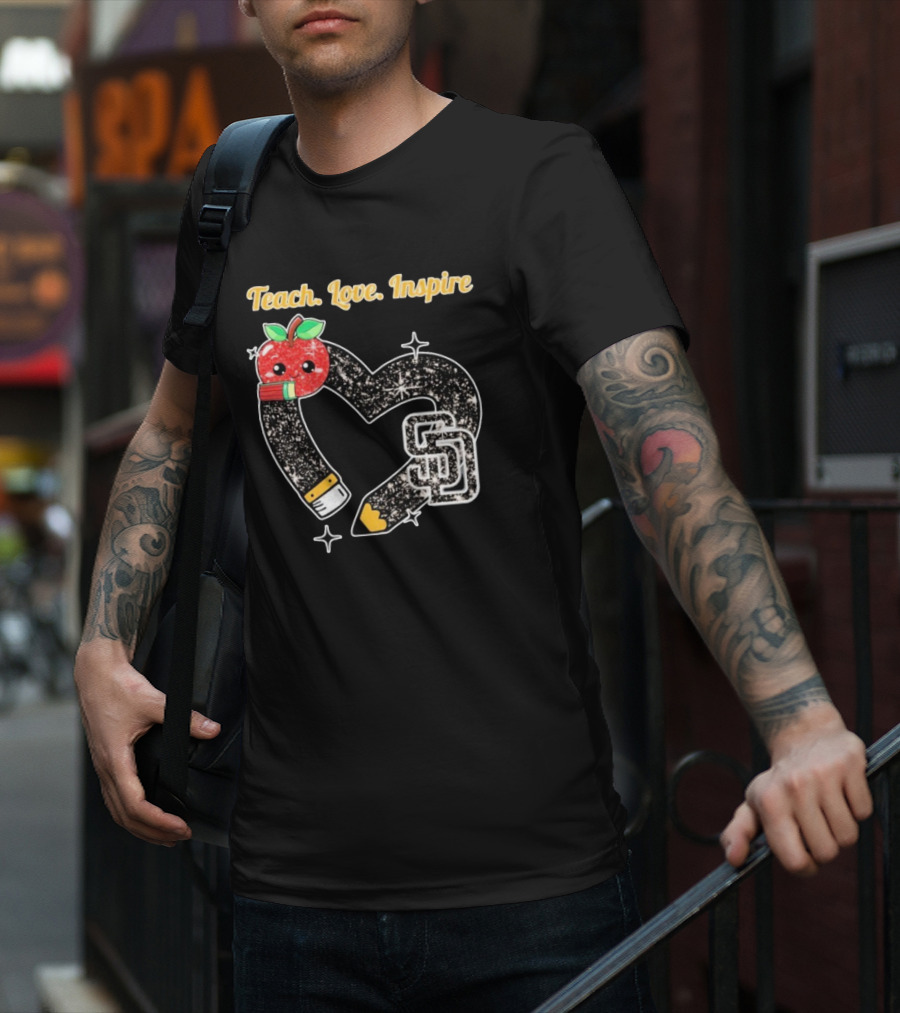 Teach Love Inspire San Diego Padres Sparkling Heart Apple Pencil T-Shirt