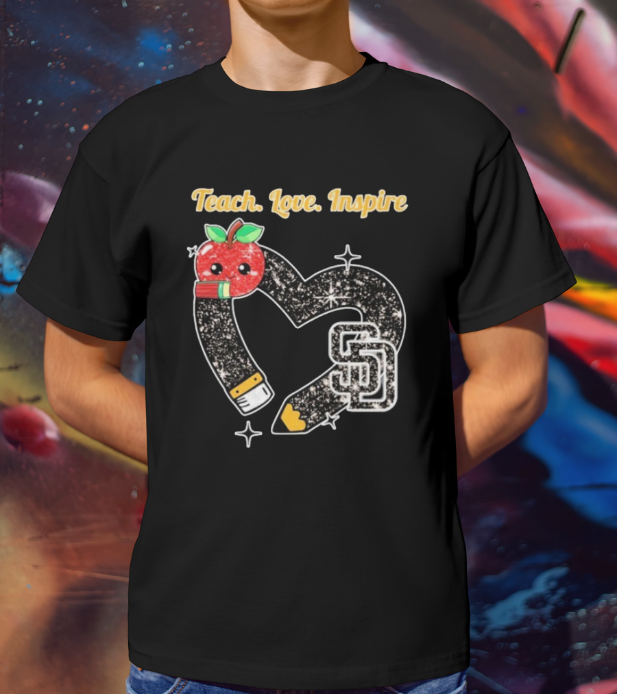 Teach Love Inspire San Diego Padres Sparkling Heart Apple Pencil T-Shirt