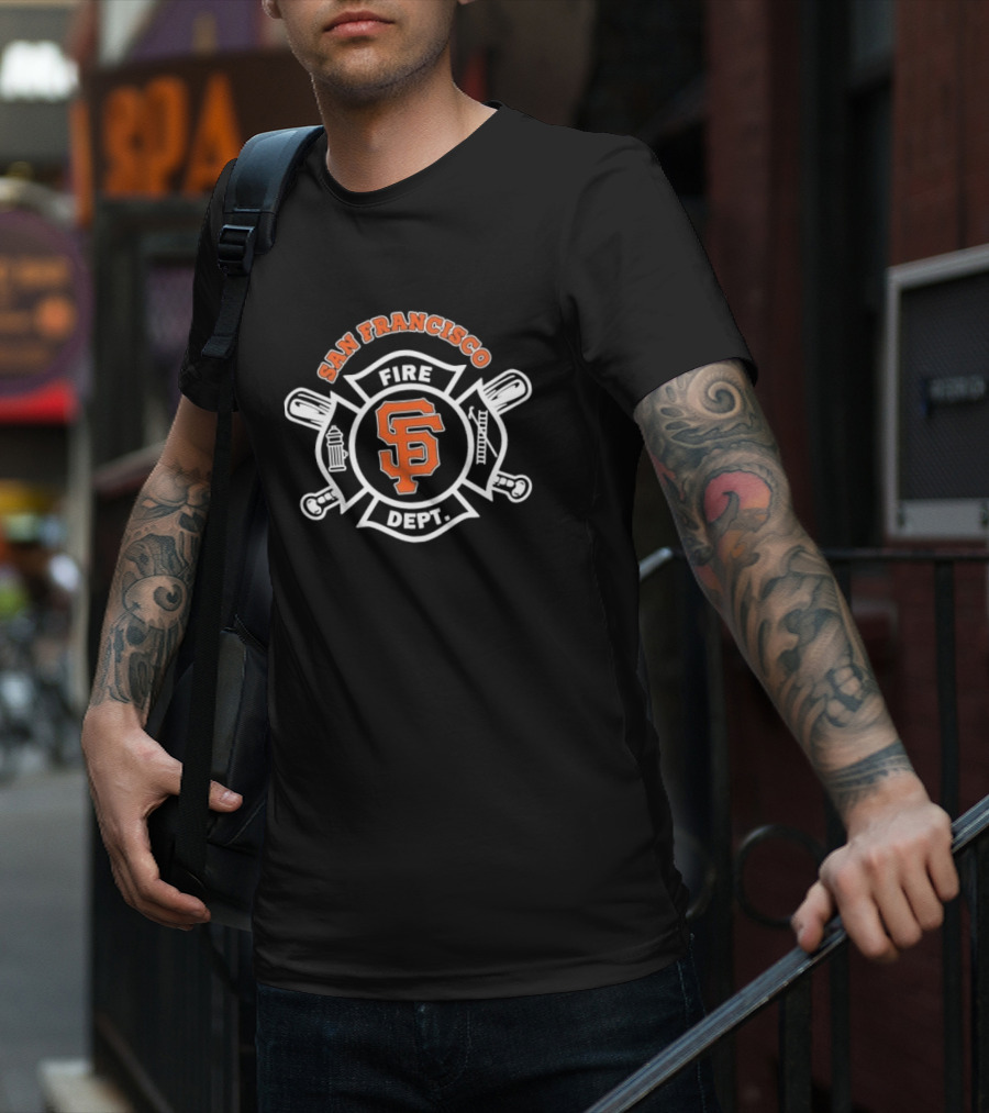 San Francisco Giants Fire Dept Firefighters SF Baseball Crossed Axes Ladder T-Shirt