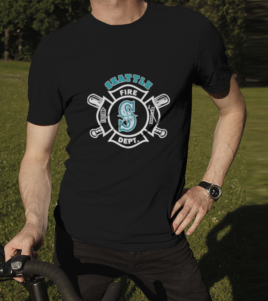 Seattle Mariners Fire Dept Firefighters Axes And Hydrant Emblem T-Shirt