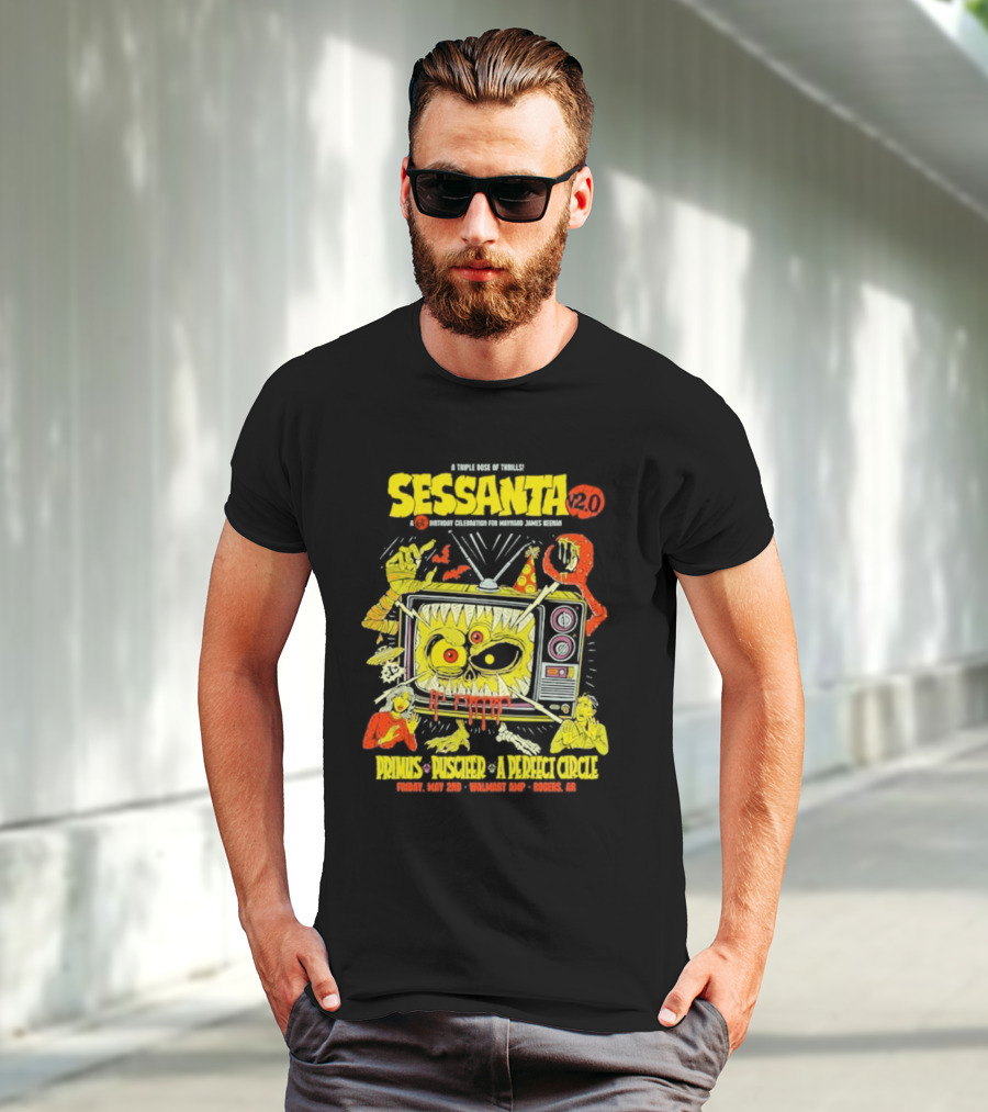 Sessanta 2.0 Event Primus Puscifer A Perfect Circle May 2 2025 Rogers AR Walmart AMP TV T-Shirt