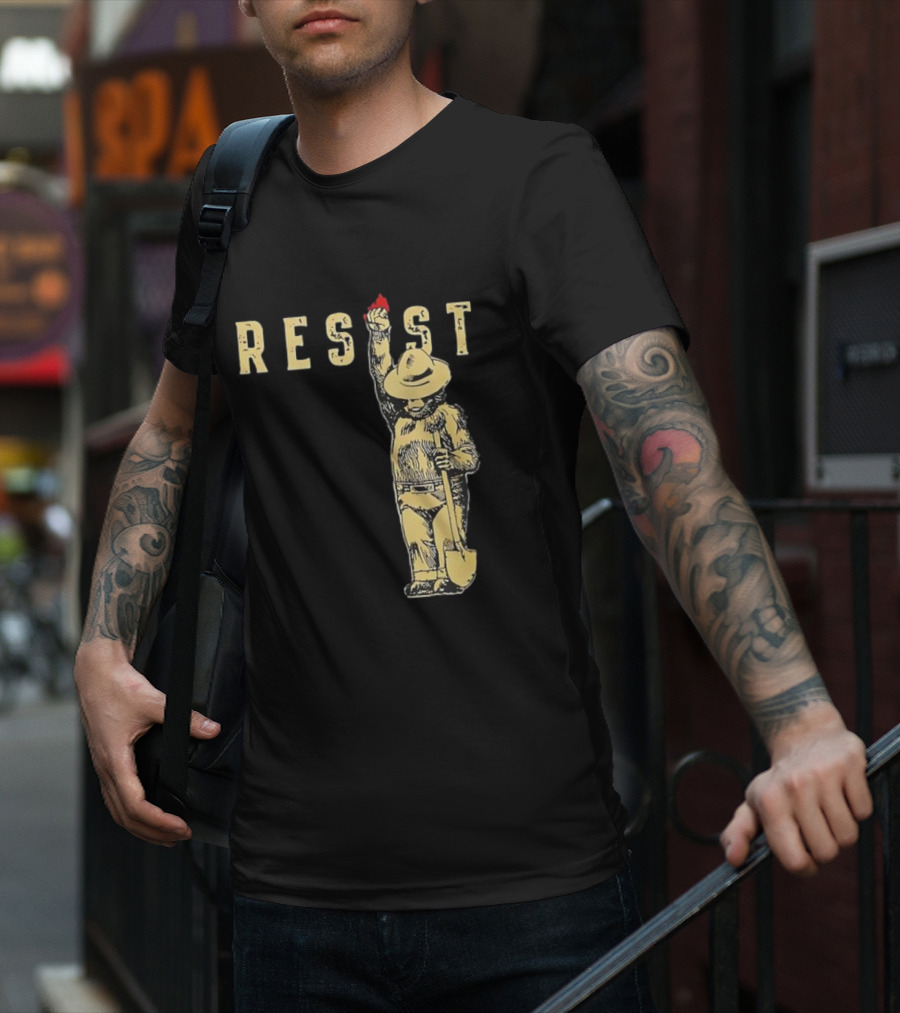 "Smokey Resist Firefighter Bear With Raised Fist And Shovel" T-Shirt