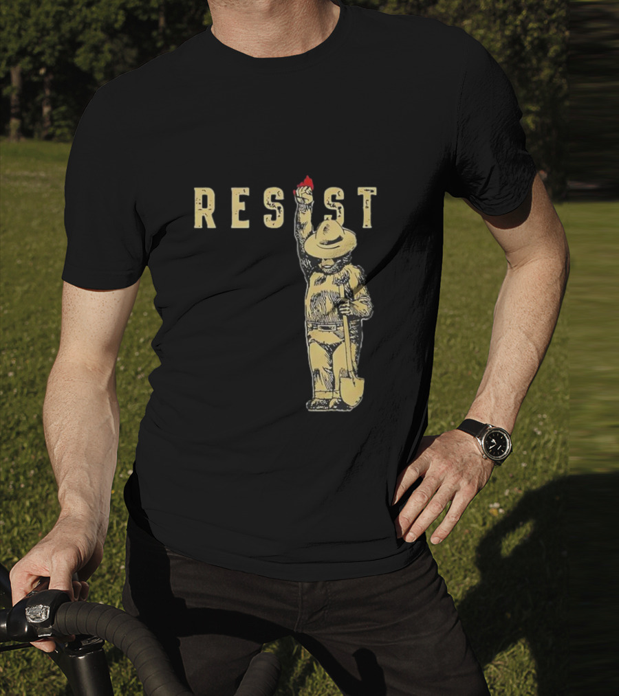 "Smokey Resist Firefighter Bear With Raised Fist And Shovel" T-Shirt