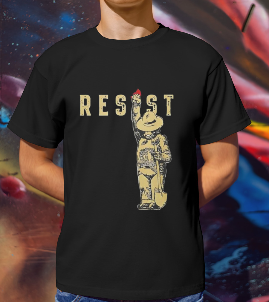 "Smokey Resist Firefighter Bear With Raised Fist And Shovel" T-Shirt