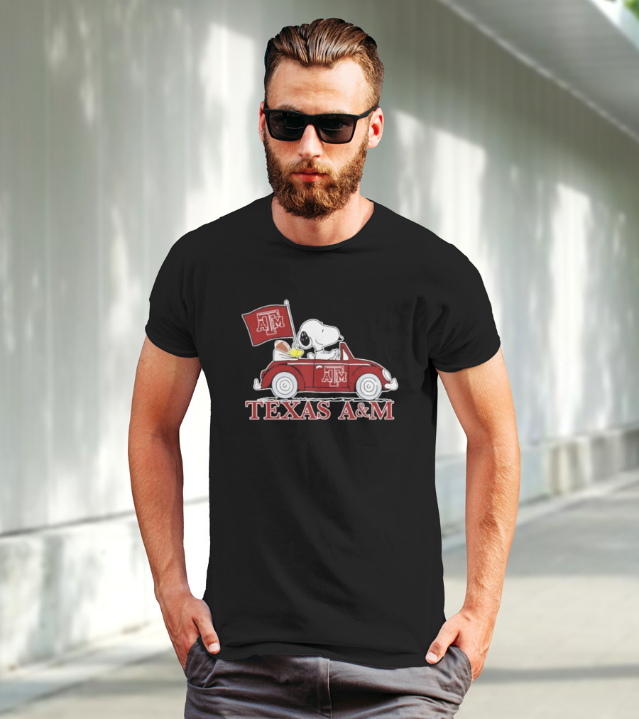 Snoopy Woodstock Driving Texas A&M Car Peanuts T-Shirt