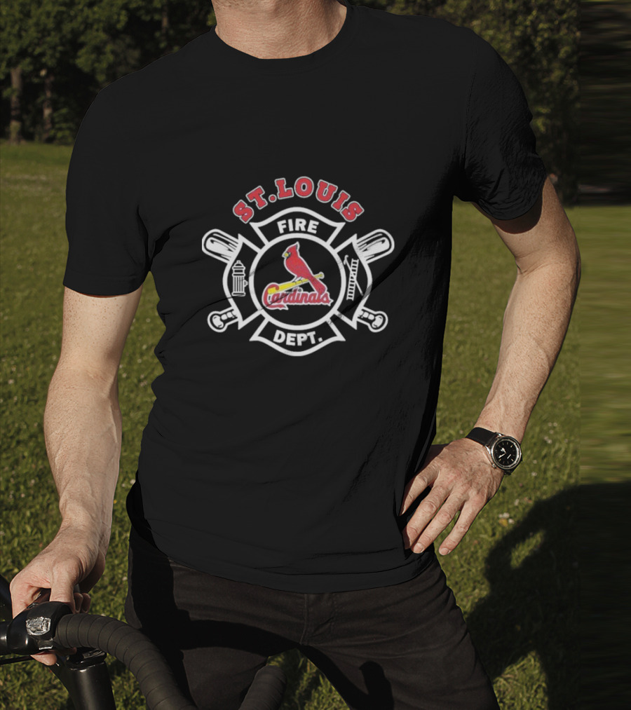St Louis Cardinals Fire Dept Firefighters MLB Collaboration With Symbolic Badge And Equipment T-Shirt