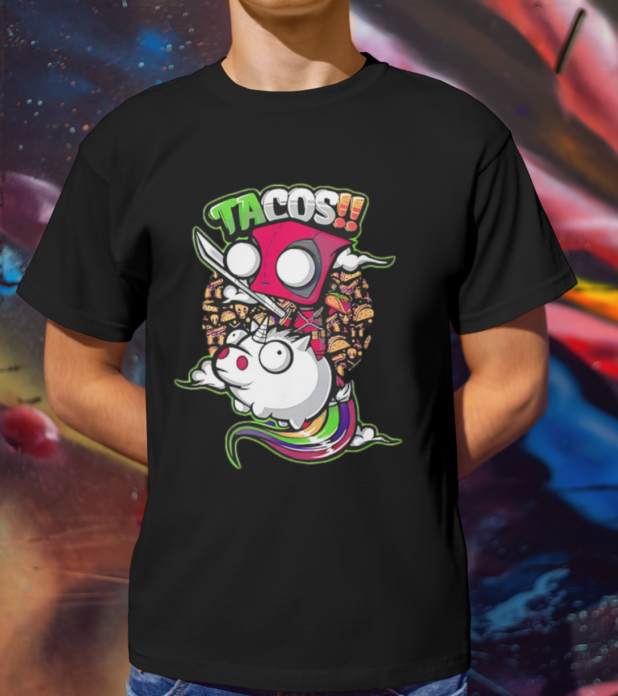 Tacos Deadpool Riding Unicorn Surrounded By Tacos Cartoon T-Shirt