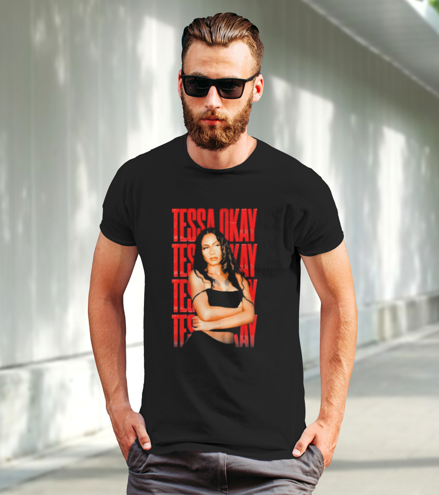 Tessa Okay Bold Red Typography With Crossed-Arms Portrait T-Shirt